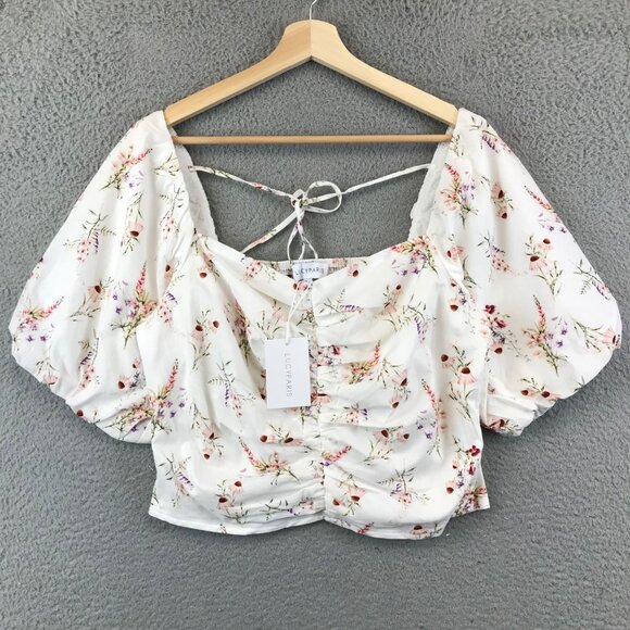 New Lucy Paris Naomi Gathered Crop Top Floral Blouse Sleeves Ruffee size L - Picture 1 of 10